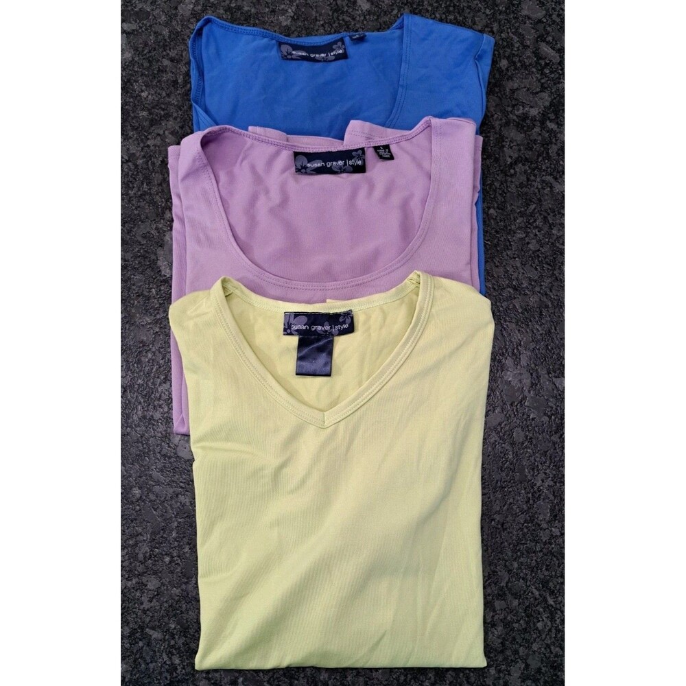 3 Susan Graver Style Liquid Knit Tops Short Sleeve Blue Lavender Yellow Large